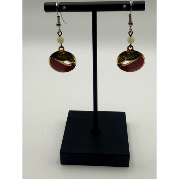 Gold Tone Round Earrings Red Enamel Leaf Design Dangle Drop Earrings Women - Picture 3 of 5